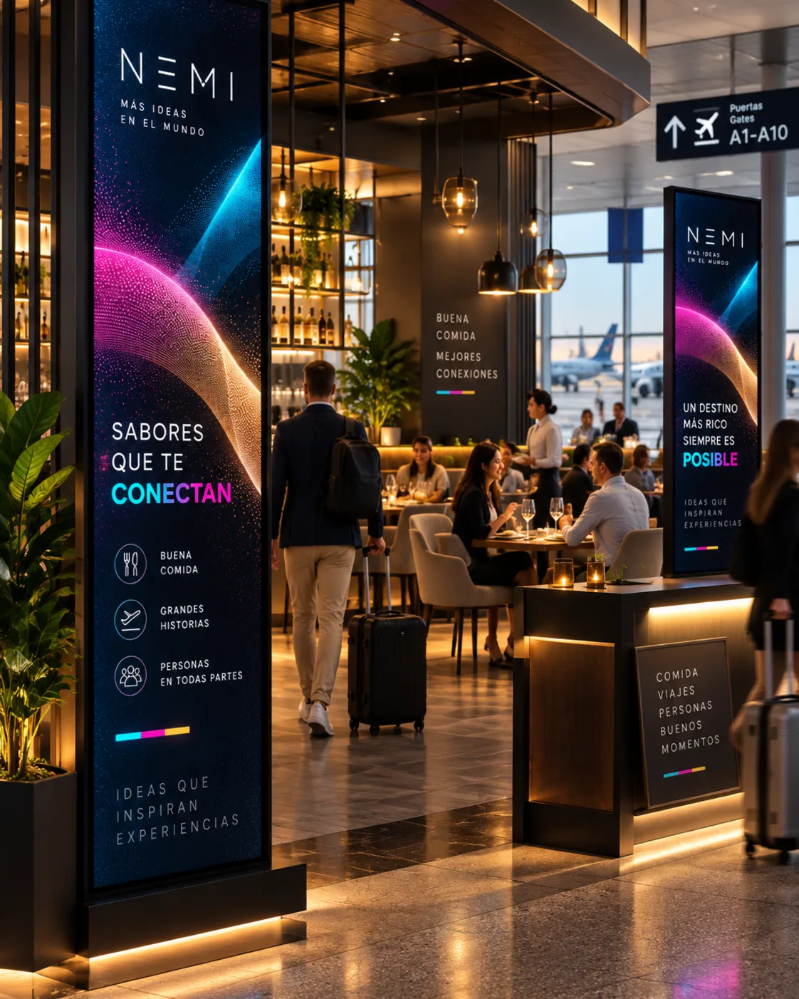Tótem LED NEMI en restaurant de aeropuerto