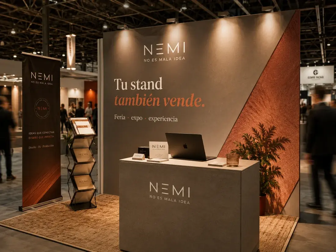 Stand de feria con gráfica aplicada y elementos de exhibición de marca
